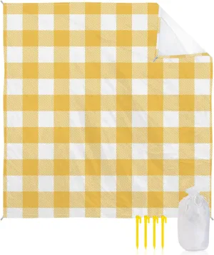Beach Blanket Sandproof, Pastoral Style Yellow Lattice Waterproof Beach Mat Lightweight Quick Drying Picnic Blanket Beach Essentials for Travel Camping Hiking 83x79in