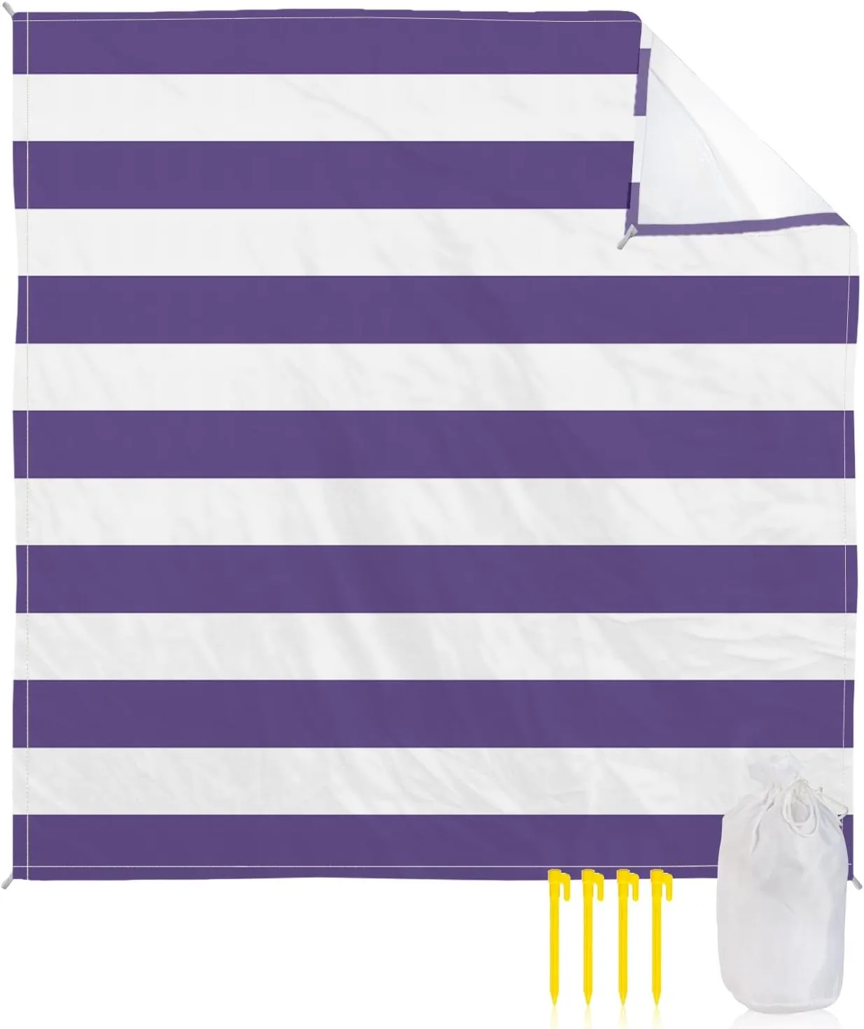 Beach Blanket Sandproof, Purple and White Stripes Waterproof Beach Mat Lightweight Quick Drying Picnic Blanket Beach Essentials for Travel Camping Hiking 118x108in