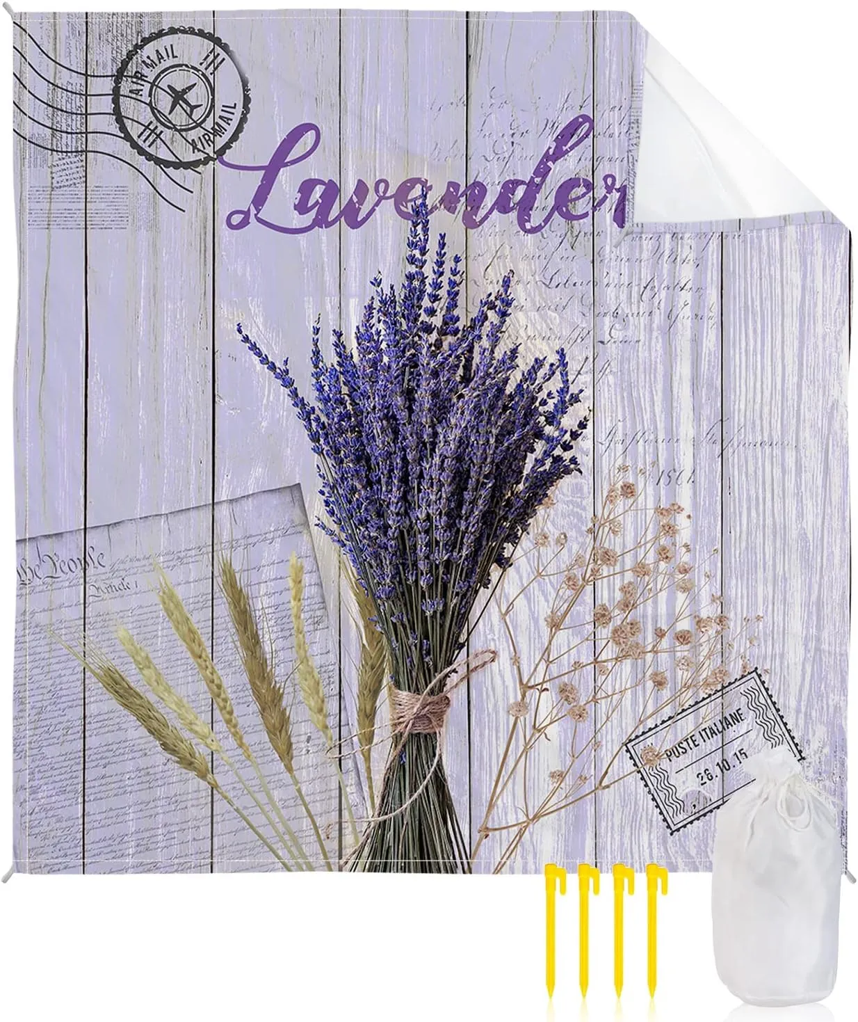 Beach Blanket Sandproof, Retro Farmhouse Lavender Light Blue Wood Grain Waterproof Beach Mat Lightweight Quick Drying Picnic Blanket Beach Essentials for Travel Camping Hiking 83x79in