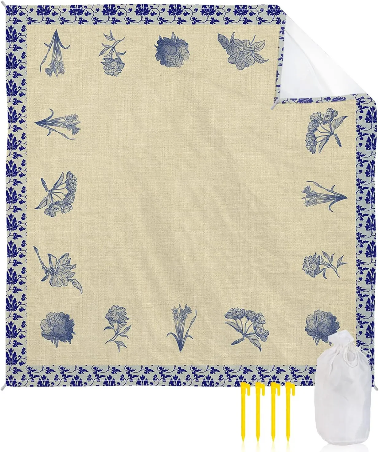 Beach Blanket Sandproof, Retro Porcelain Blue Flower Floral Waterproof Beach Mat Lightweight Quick Drying Picnic Blanket Beach Essentials for Travel Camping Hiking 83x79in