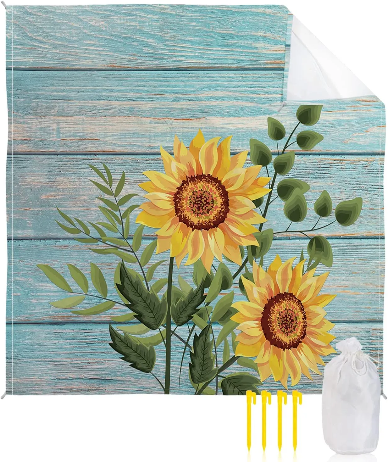 Beach Blanket Sandproof, Sunflower Floral on Vintage Blue Wood Board Waterproof Beach Mat Lightweight Quick Drying Picnic Blanket Beach Essentials for Travel Camping Hiking 108x84in
