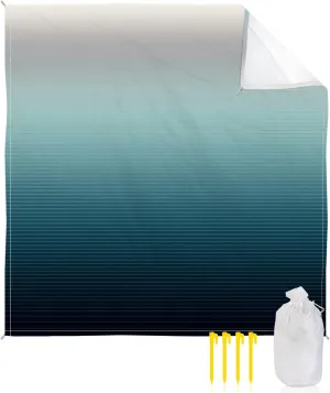 Beach Blanket Sandproof, Teal Green Grey Gradient Stripes Texture Waterproof Beach Mat Lightweight Quick Drying Picnic Blanket Beach Essentials for Travel Camping Hiking 108x84in
