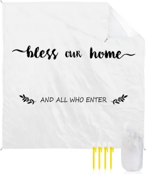 Beach Blanket Sandproof, Text Bless Our Home and Who Enter White Backdrop Waterproof Beach Mat Lightweight Quick Drying Picnic Blanket Beach Essentials for Travel Camping Hiking 108x84in