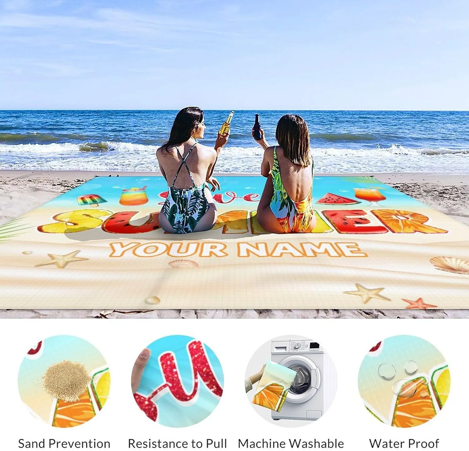 Beach Blanket Sandproof Waterproof, 78''x86'' Personalized Large Lightweight Beach Mat with 4 Stakes & 4 Corner Pocket, Foldable Sand Free Yellow Blanket Essential for Picnic Travel Camping