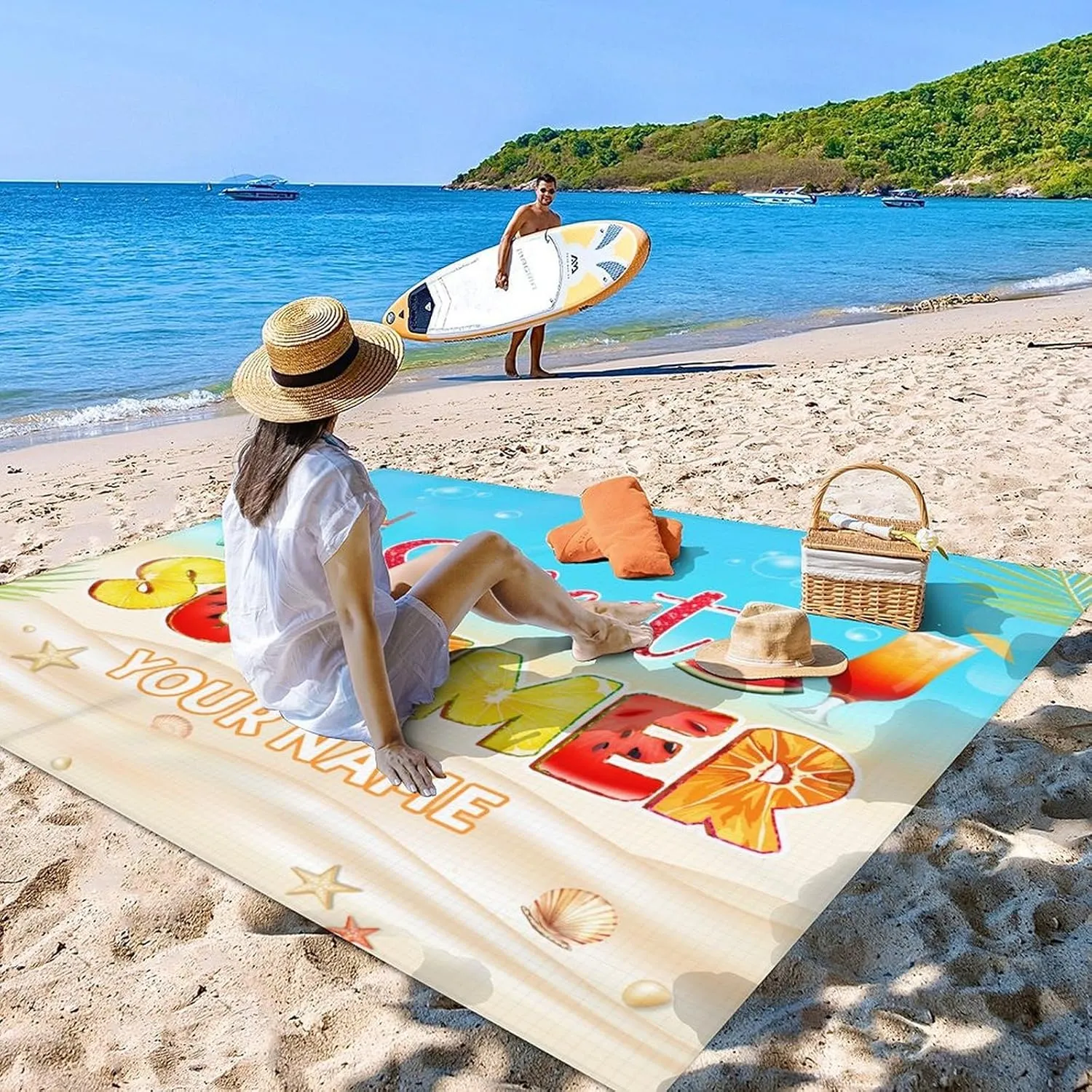 Beach Blanket Sandproof Waterproof, 78''x86'' Personalized Large Lightweight Beach Mat with 4 Stakes & 4 Corner Pocket, Foldable Sand Free Yellow Blanket Essential for Picnic Travel Camping