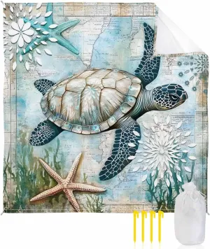Beach Blanket Sandproof Waterproof Picnic Blankets Sea Turtle Ocean Starfish Coral Extra Large Lightweight Outdoor Beach Mat with Corner Pockets for Travel/Camping/Hiking Vintage Map Blue Ocean World