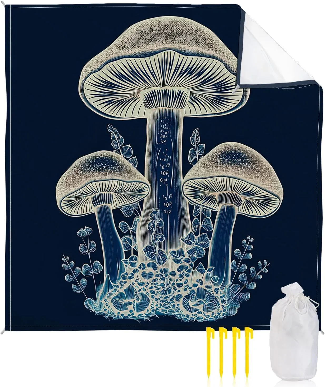 Beach Blanket Sandproof, Wild Plants Mushroom Leaves Navy Blue Waterproof Beach Mat Lightweight Quick Drying Picnic Blanket Beach Essentials for Travel Camping Hiking 108x84in