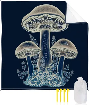 Beach Blanket Sandproof, Wild Plants Mushroom Leaves Navy Blue Waterproof Beach Mat Lightweight Quick Drying Picnic Blanket Beach Essentials for Travel Camping Hiking 108x84in