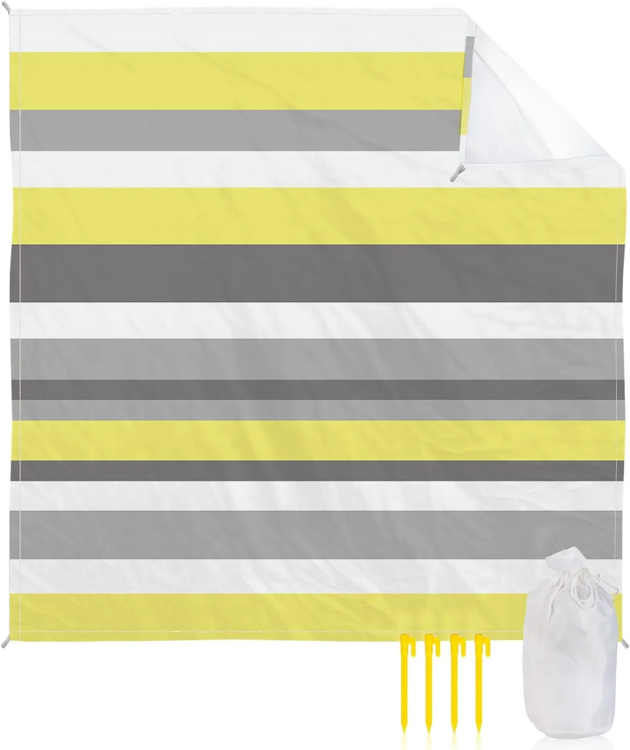 Beach Blanket Sandproof, Yellow-Gray Stripes Waterproof Beach Mat Lightweight Quick Drying Picnic Blanket Beach Essentials for Travel Camping Hiking 95x80in