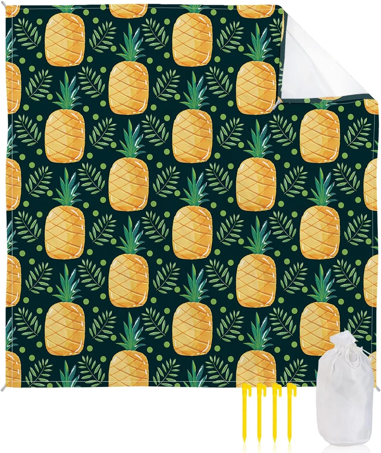Beach Blanket Sandproof, Yellow Mature Pineapple Green Leaves Green Waterproof Beach Mat Lightweight Quick Drying Picnic Blanket Beach Essentials for Travel Camping Hiking 108x84in