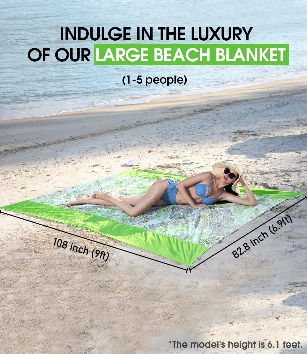 Beach Blanket Sandproof，Waterproof Beach Mat for Kid Pool, Outdoor Blanket for Beach, Vacation, Picnic Bkanket with Portable Bag, 4 Stakes & 3 Water Bag for 1-5 People(Large)