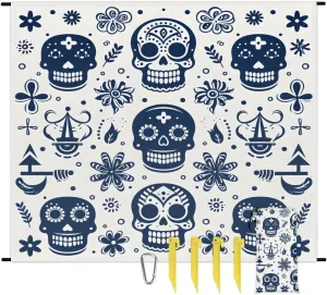 Beach Blanket, Skull Skeleton Sandproof Beach Mat, Waterproof Quick Drying Sand Free Mat with 4 x Ground Spikes for Outdoor Travel Camping Hiking, Halloween 68 x 59 in