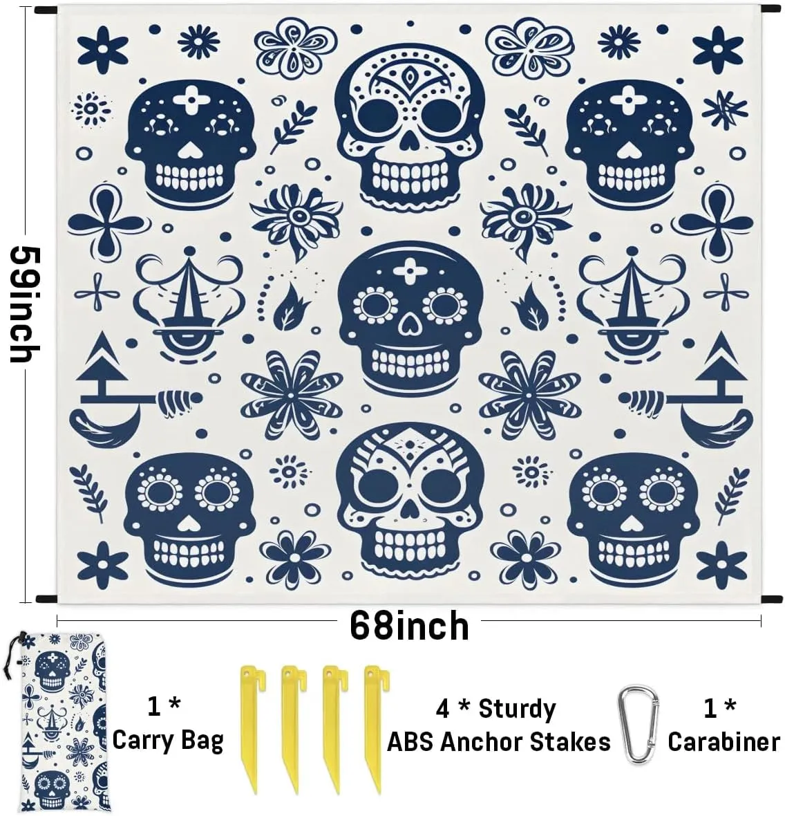 Beach Blanket, Skull Skeleton Sandproof Beach Mat, Waterproof Quick Drying Sand Free Mat with 4 x Ground Spikes for Outdoor Travel Camping Hiking, Halloween 68 x 59 in