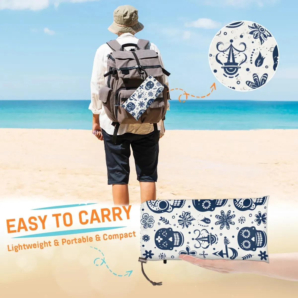 Beach Blanket, Skull Skeleton Sandproof Beach Mat, Waterproof Quick Drying Sand Free Mat with 4 x Ground Spikes for Outdoor Travel Camping Hiking, Halloween 68 x 59 in