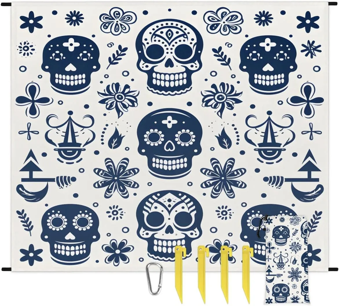 Beach Blanket, Skull Skeleton Sandproof Beach Mat, Waterproof Quick Drying Sand Free Mat with 4 x Ground Spikes for Outdoor Travel Camping Hiking, Halloween 68 x 59 in
