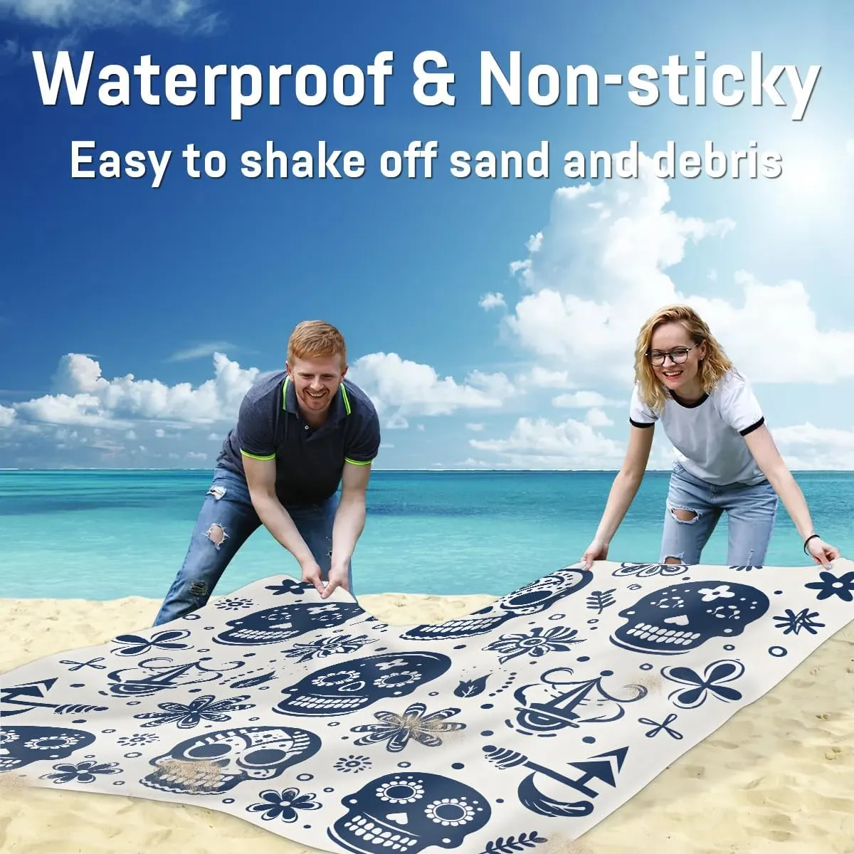 Beach Blanket, Skull Skeleton Sandproof Beach Mat, Waterproof Quick Drying Sand Free Mat with 4 x Ground Spikes for Outdoor Travel Camping Hiking, Halloween 68 x 59 in
