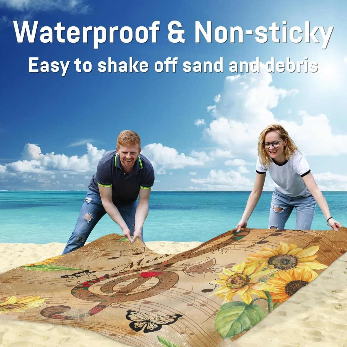 Beach Blanket, Sunflower Sandproof Beach Mat, Waterproof Quick Drying Sand Free Mat with 4 x Ground Spikes for Outdoor Travel Camping Hiking, Musical Note 68 x 59 in