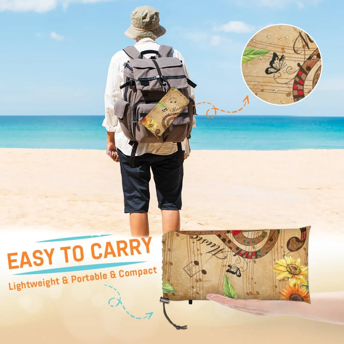 Beach Blanket, Sunflower Sandproof Beach Mat, Waterproof Quick Drying Sand Free Mat with 4 x Ground Spikes for Outdoor Travel Camping Hiking, Musical Note 68 x 59 in