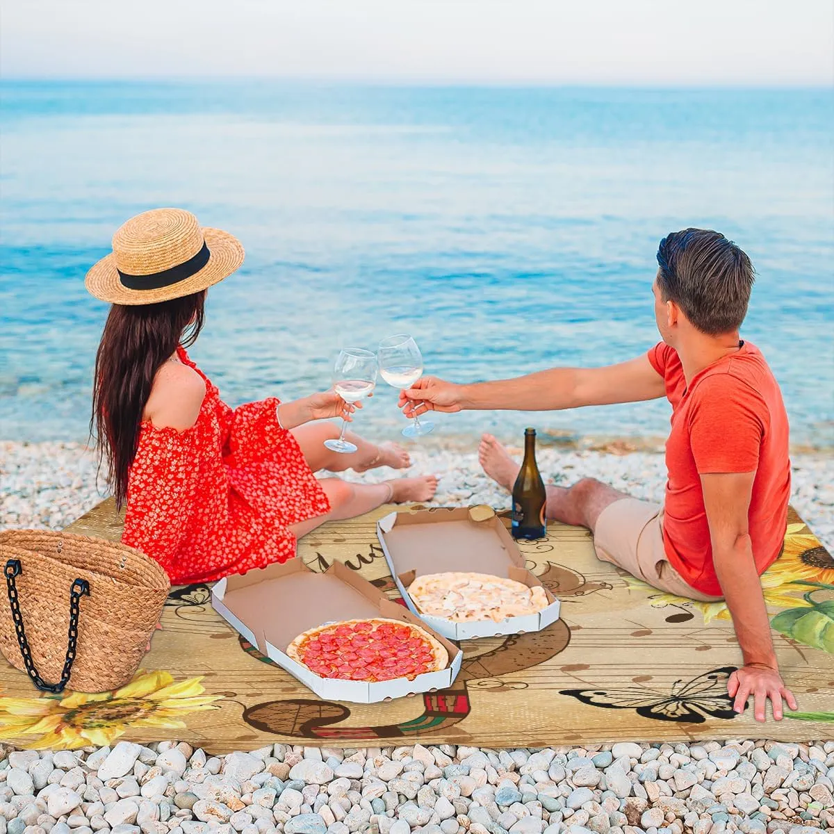 Beach Blanket, Sunflower Sandproof Beach Mat, Waterproof Quick Drying Sand Free Mat with 4 x Ground Spikes for Outdoor Travel Camping Hiking, Musical Note 68 x 59 in