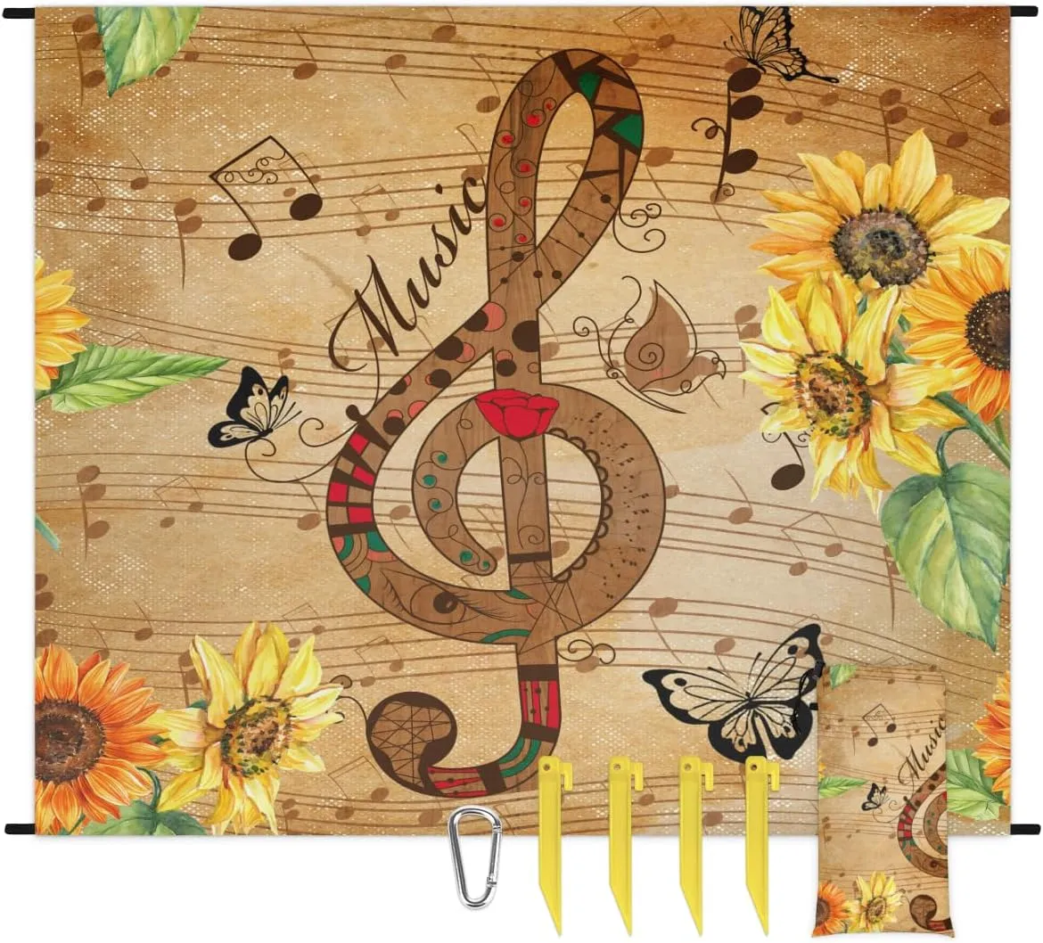 Beach Blanket, Sunflower Sandproof Beach Mat, Waterproof Quick Drying Sand Free Mat with 4 x Ground Spikes for Outdoor Travel Camping Hiking, Musical Note 68 x 59 in