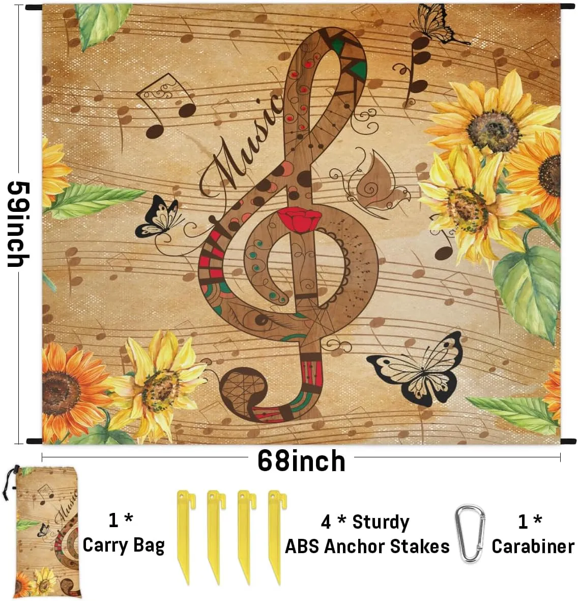 Beach Blanket, Sunflower Sandproof Beach Mat, Waterproof Quick Drying Sand Free Mat with 4 x Ground Spikes for Outdoor Travel Camping Hiking, Musical Note 68 x 59 in