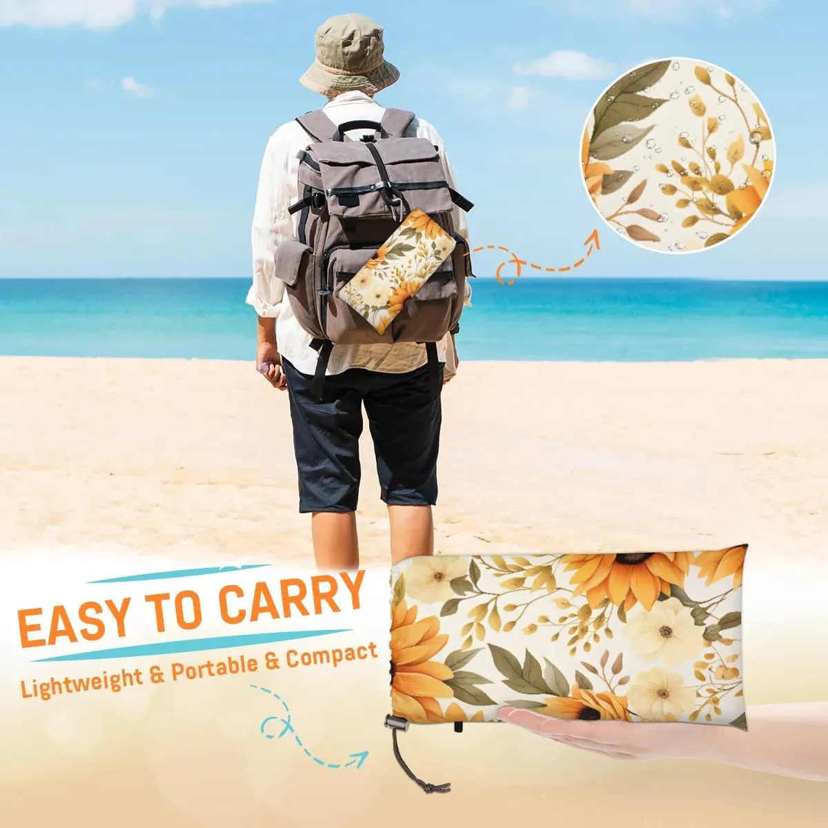 Beach Blanket, Sunflower Sandproof Beach Mat, Waterproof Quick Drying Sand Free Mat with 4 x Ground Spikes for Outdoor Travel Camping Hiking, Sunflower Floral 68 x 59 in