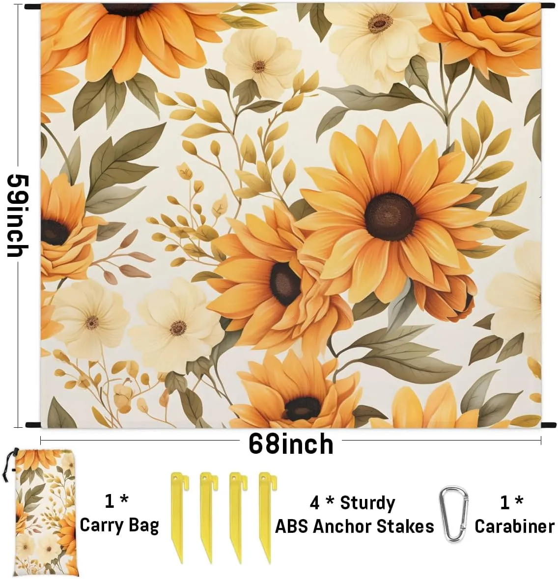 Beach Blanket, Sunflower Sandproof Beach Mat, Waterproof Quick Drying Sand Free Mat with 4 x Ground Spikes for Outdoor Travel Camping Hiking, Sunflower Floral 68 x 59 in