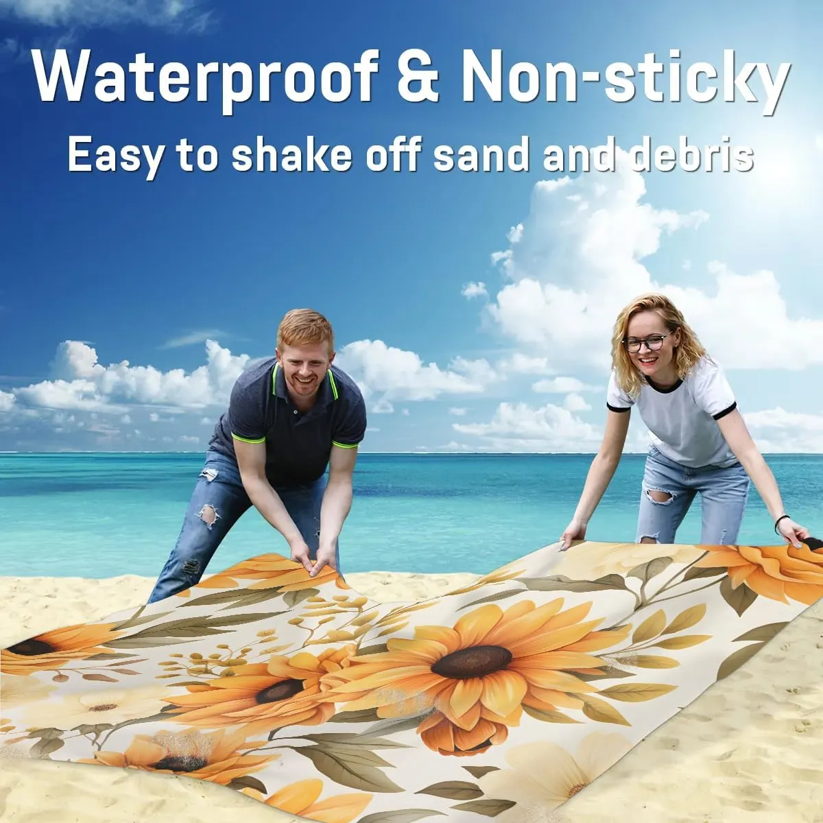 Beach Blanket, Sunflower Sandproof Beach Mat, Waterproof Quick Drying Sand Free Mat with 4 x Ground Spikes for Outdoor Travel Camping Hiking, Sunflower Floral 68 x 59 in