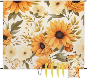 Beach Blanket, Sunflower Sandproof Beach Mat, Waterproof Quick Drying Sand Free Mat with 4 x Ground Spikes for Outdoor Travel Camping Hiking, Sunflower Floral 68 x 59 in