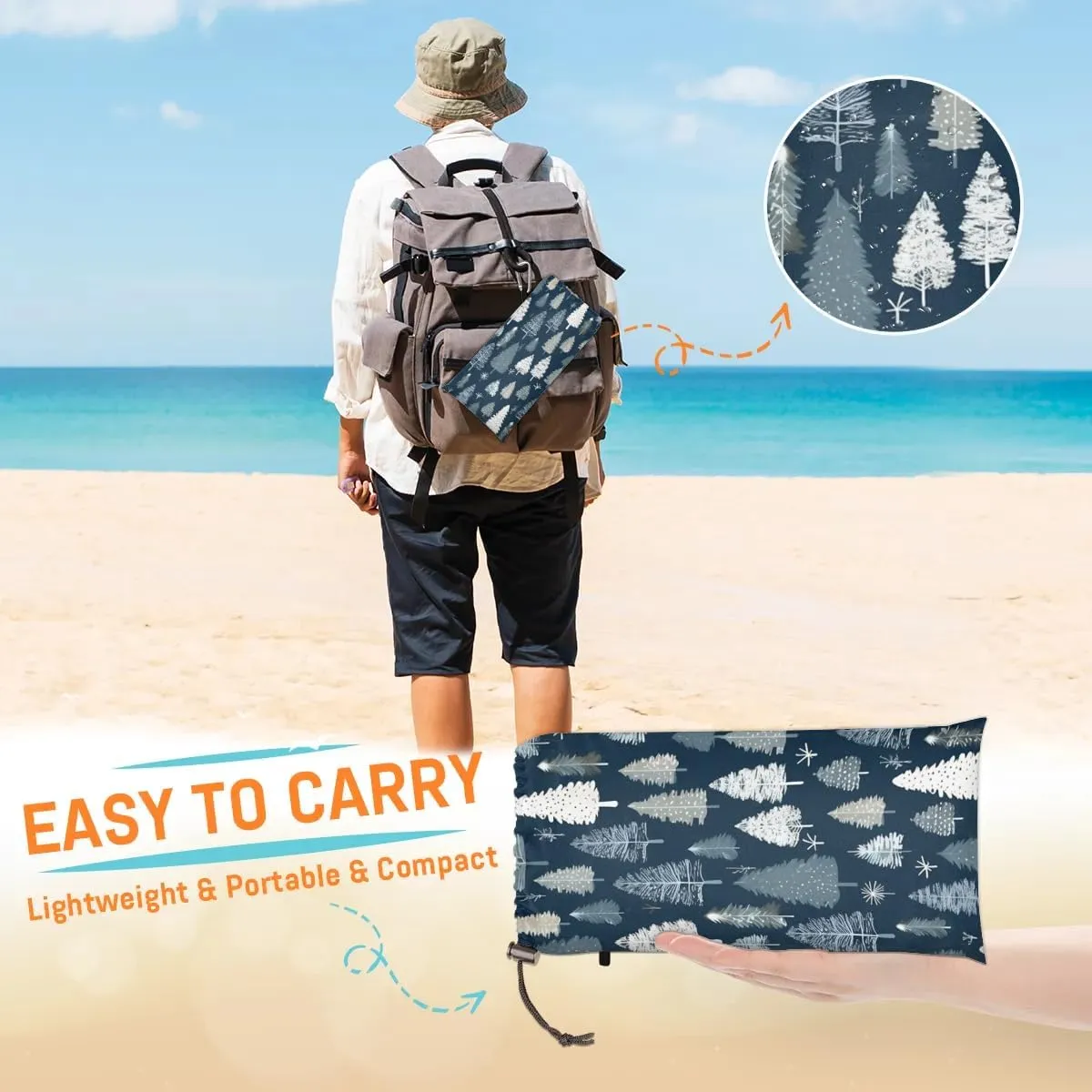Beach Blanket, Tree Sandproof Beach Mat, Waterproof Quick Drying Sand Free Mat with 4 x Ground Spikes for Outdoor Travel Camping Hiking, Forests 68 x 59 in