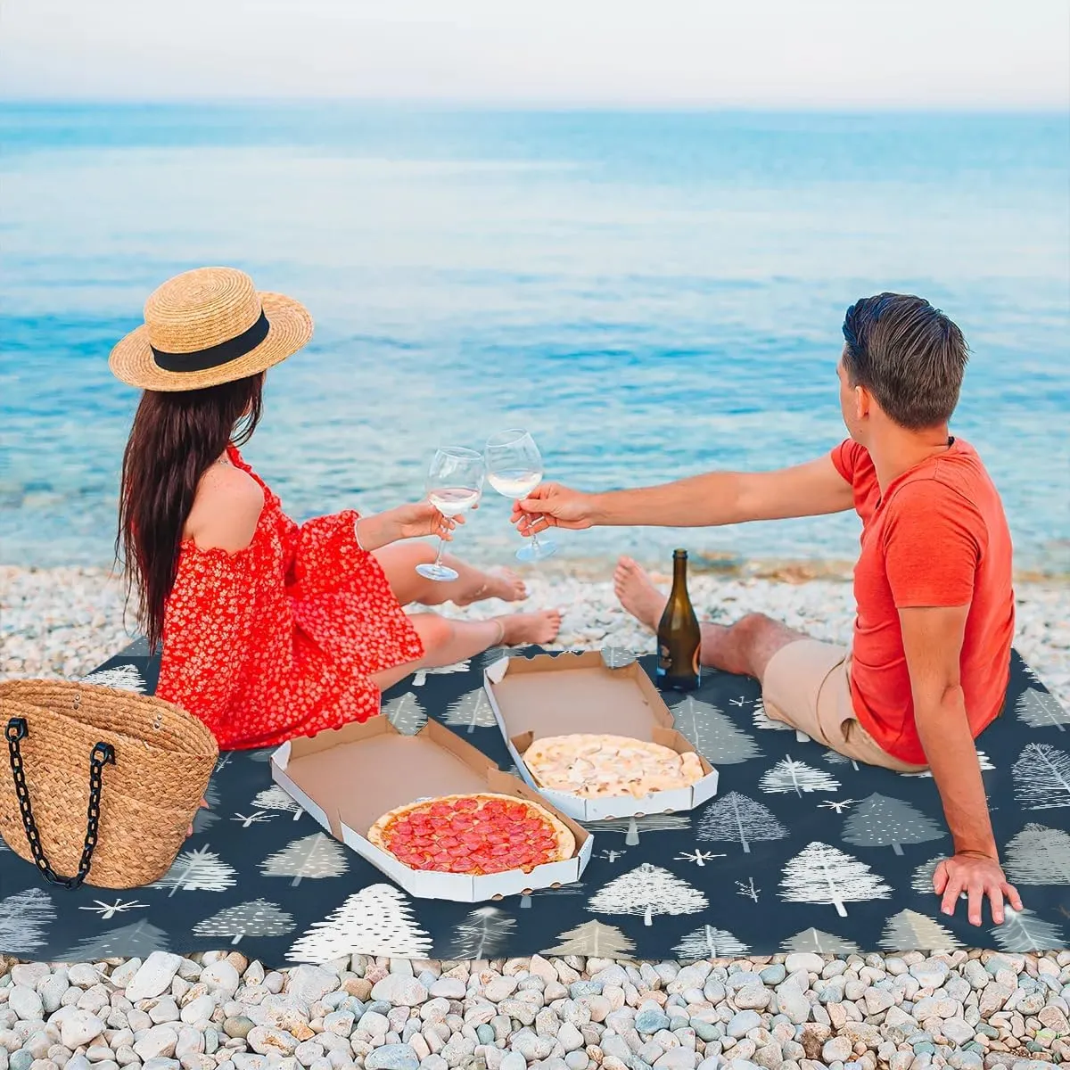 Beach Blanket, Tree Sandproof Beach Mat, Waterproof Quick Drying Sand Free Mat with 4 x Ground Spikes for Outdoor Travel Camping Hiking, Forests 68 x 59 in