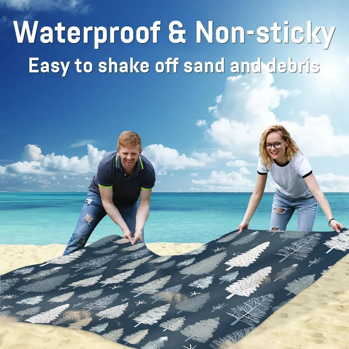 Beach Blanket, Tree Sandproof Beach Mat, Waterproof Quick Drying Sand Free Mat with 4 x Ground Spikes for Outdoor Travel Camping Hiking, Forests 68 x 59 in