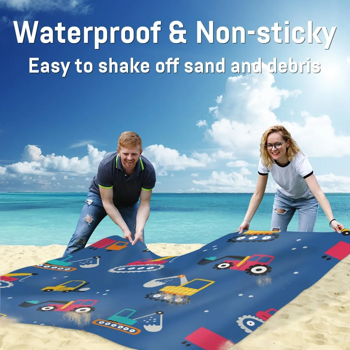 Beach Blanket, Trucks Sandproof Beach Mat, Waterproof Quick Drying Sand Free Mat with 4 x Ground Spikes for Outdoor Travel Camping Hiking, Construction Trucks 68 x 59 in
