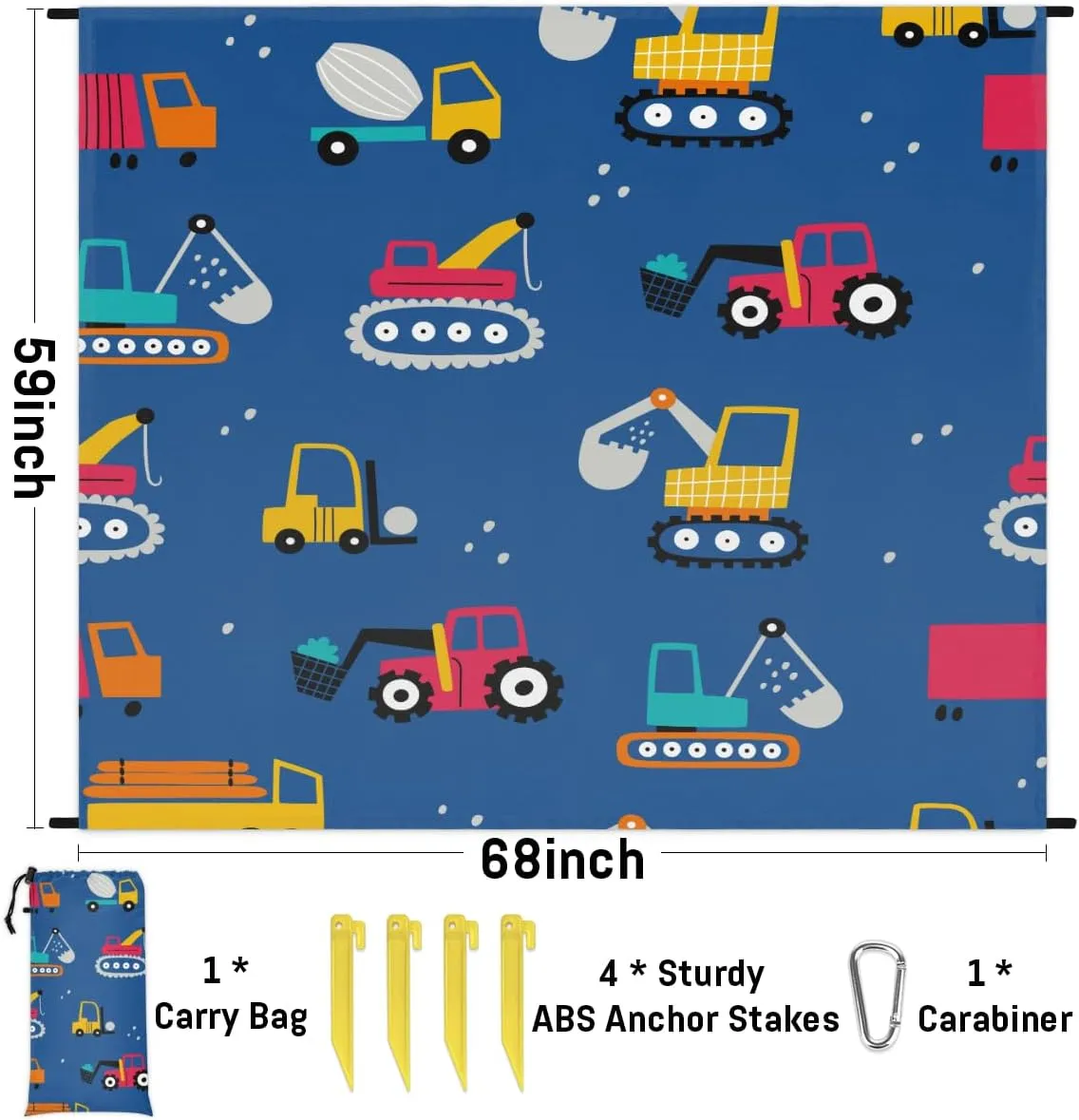 Beach Blanket, Trucks Sandproof Beach Mat, Waterproof Quick Drying Sand Free Mat with 4 x Ground Spikes for Outdoor Travel Camping Hiking, Construction Trucks 68 x 59 in