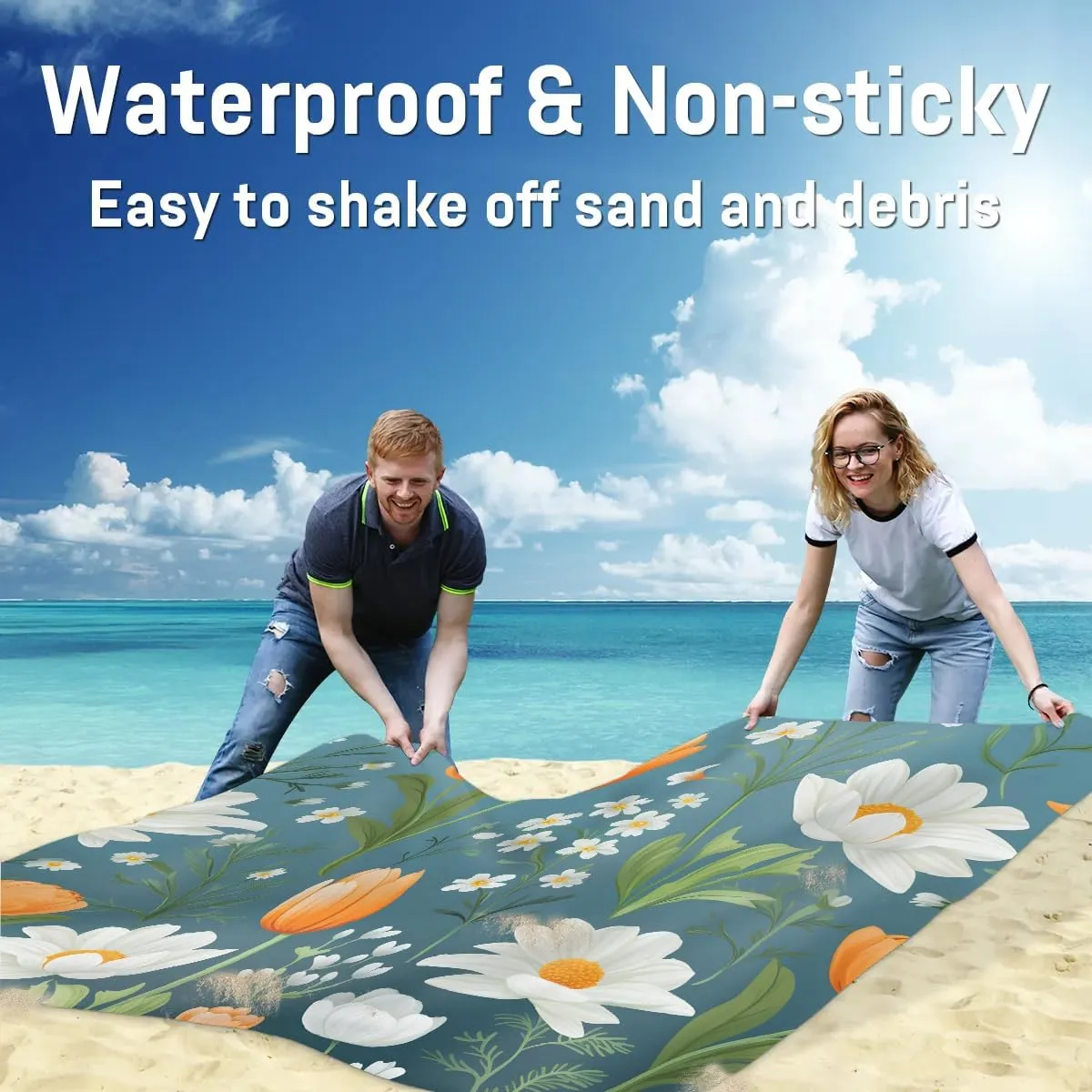 Beach Blanket, Tulip Print Sandproof Beach Mat, Waterproof Quick Drying Sand Free Mat with 4 x Ground Spikes for Outdoor Travel Camping Hiking, Daisy 68 x 59 in