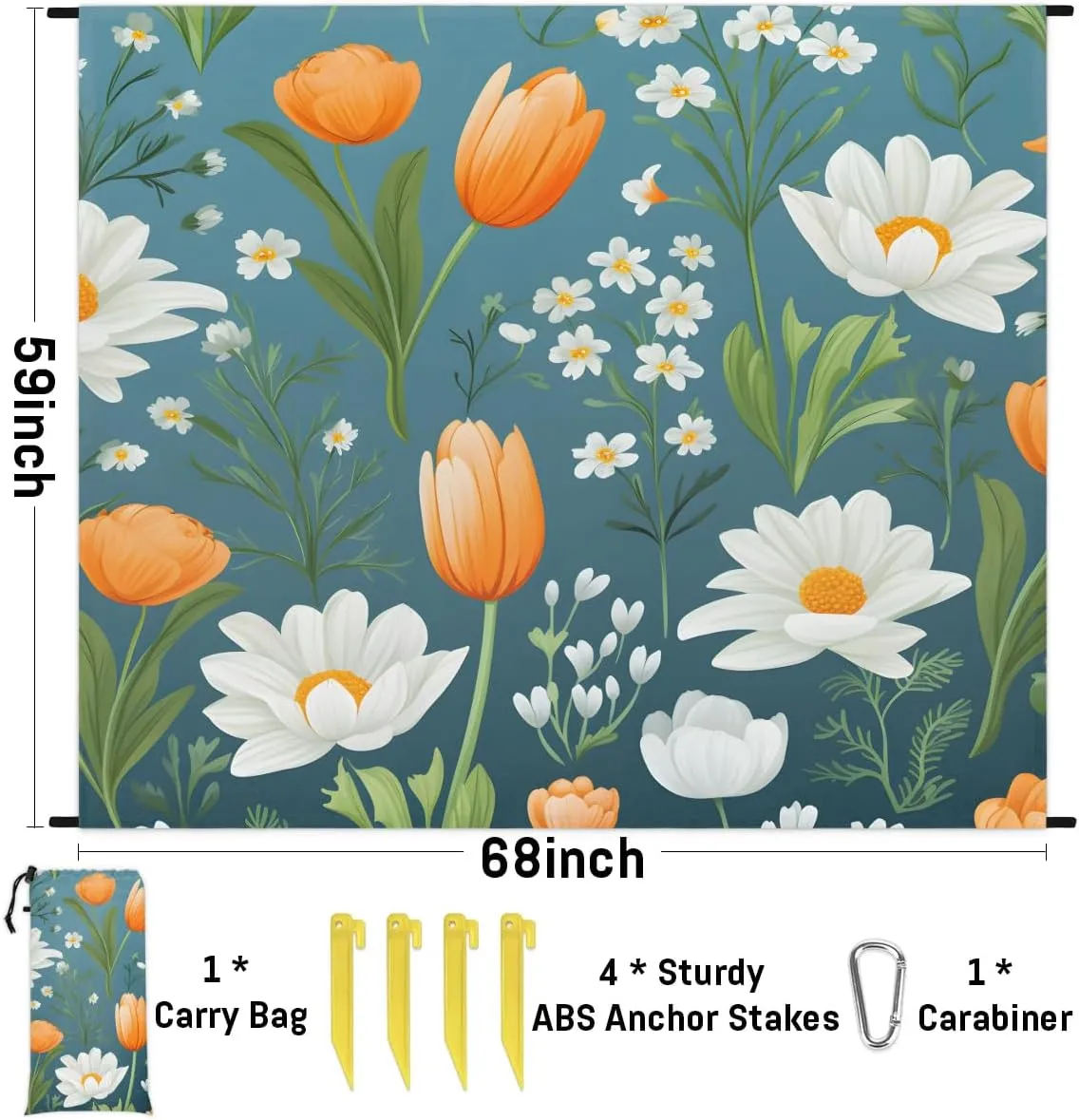 Beach Blanket, Tulip Print Sandproof Beach Mat, Waterproof Quick Drying Sand Free Mat with 4 x Ground Spikes for Outdoor Travel Camping Hiking, Daisy 68 x 59 in