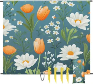Beach Blanket, Tulip Print Sandproof Beach Mat, Waterproof Quick Drying Sand Free Mat with 4 x Ground Spikes for Outdoor Travel Camping Hiking, Daisy 68 x 59 in