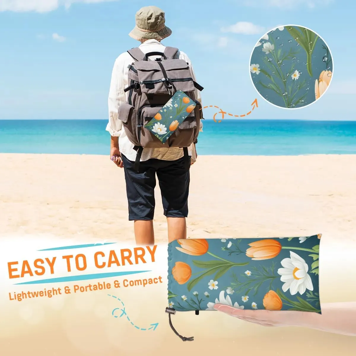 Beach Blanket, Tulip Print Sandproof Beach Mat, Waterproof Quick Drying Sand Free Mat with 4 x Ground Spikes for Outdoor Travel Camping Hiking, Daisy 68 x 59 in