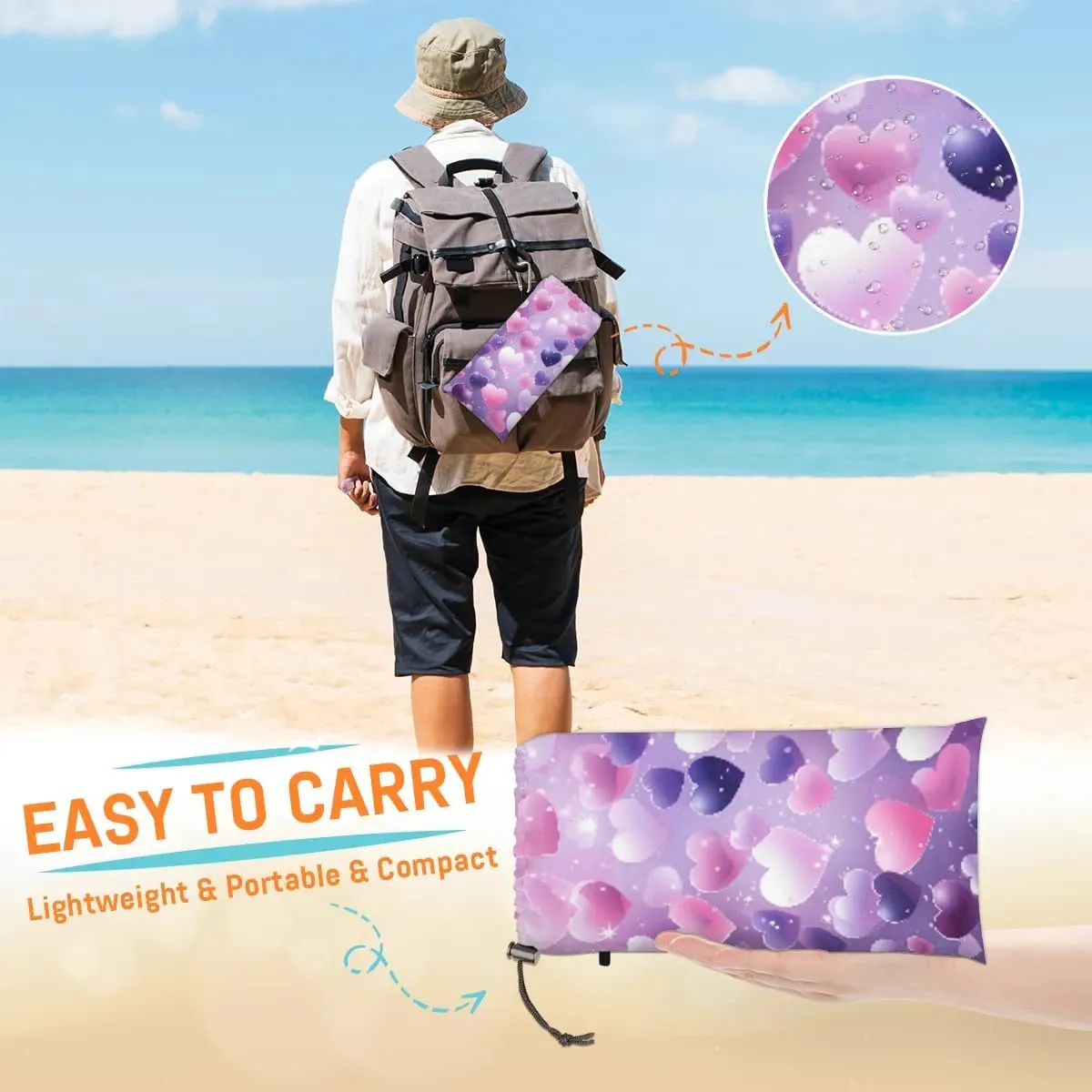 Beach Blanket, Valentine's Day Heart Sandproof Beach Mat, Waterproof Quick Drying Sand Free Mat with 4 x Ground Spikes for Outdoor Travel Camping Hiking, Watercolor Heart 68 x 59 in