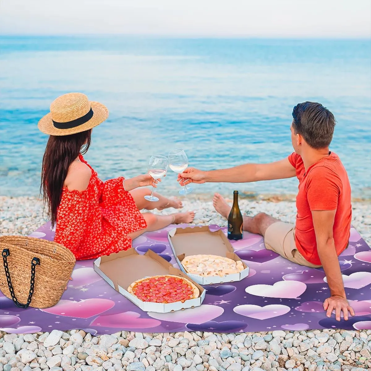 Beach Blanket, Valentine's Day Heart Sandproof Beach Mat, Waterproof Quick Drying Sand Free Mat with 4 x Ground Spikes for Outdoor Travel Camping Hiking, Watercolor Heart 68 x 59 in