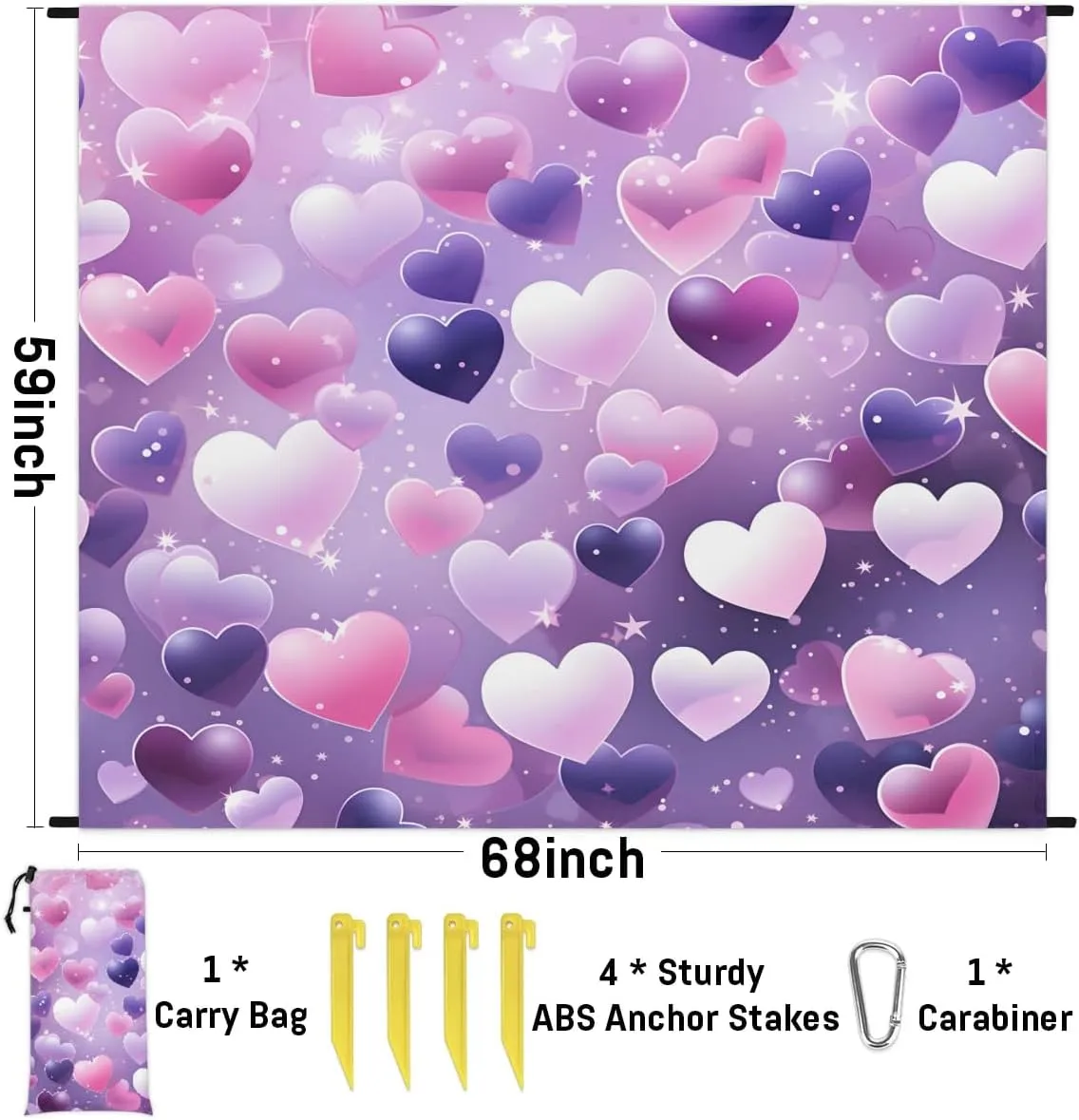 Beach Blanket, Valentine's Day Heart Sandproof Beach Mat, Waterproof Quick Drying Sand Free Mat with 4 x Ground Spikes for Outdoor Travel Camping Hiking, Watercolor Heart 68 x 59 in