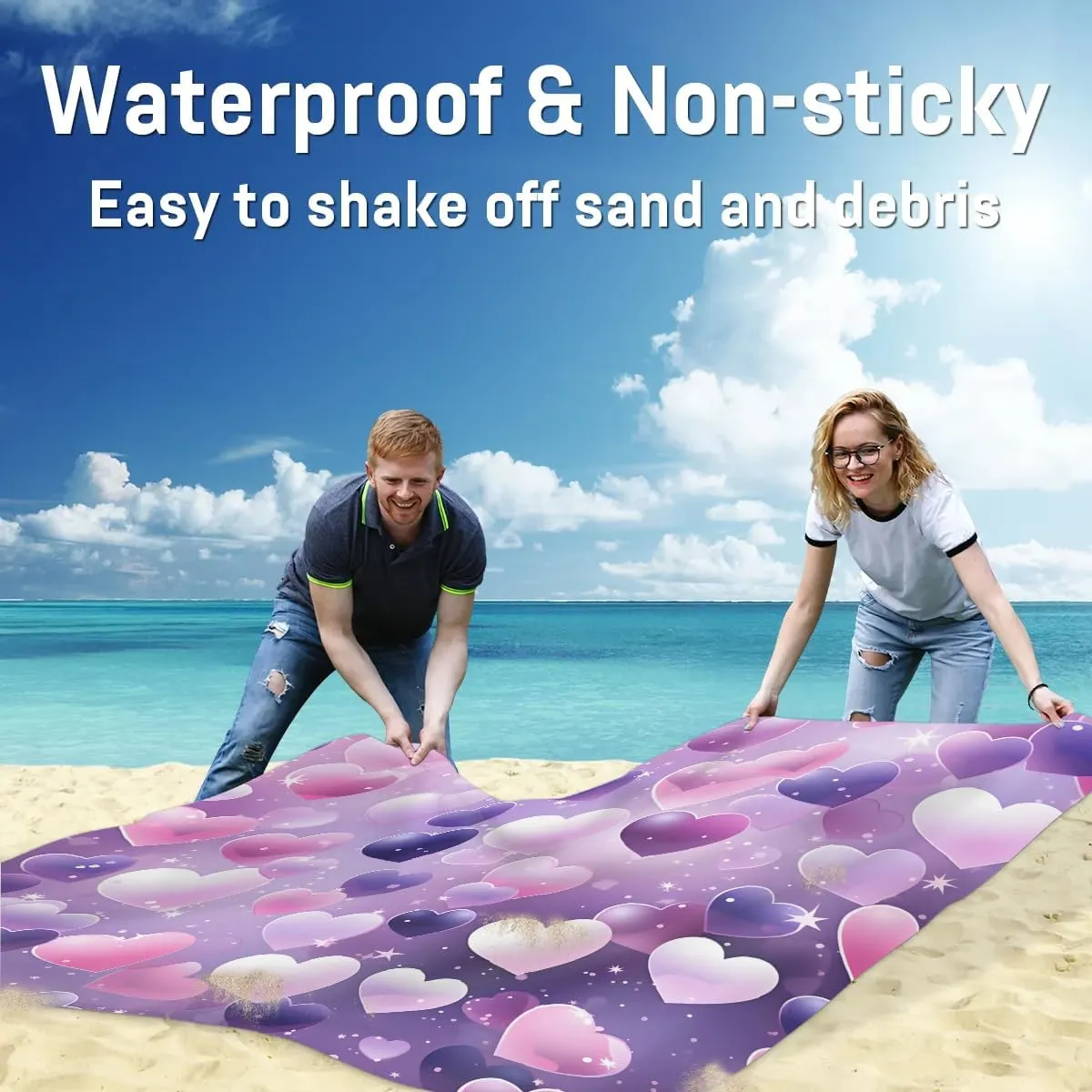Beach Blanket, Valentine's Day Heart Sandproof Beach Mat, Waterproof Quick Drying Sand Free Mat with 4 x Ground Spikes for Outdoor Travel Camping Hiking, Watercolor Heart 68 x 59 in