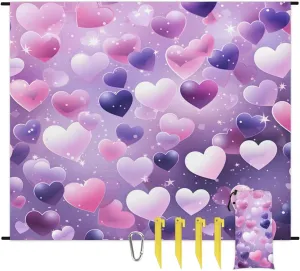 Beach Blanket, Valentine's Day Heart Sandproof Beach Mat, Waterproof Quick Drying Sand Free Mat with 4 x Ground Spikes for Outdoor Travel Camping Hiking, Watercolor Heart 68 x 59 in