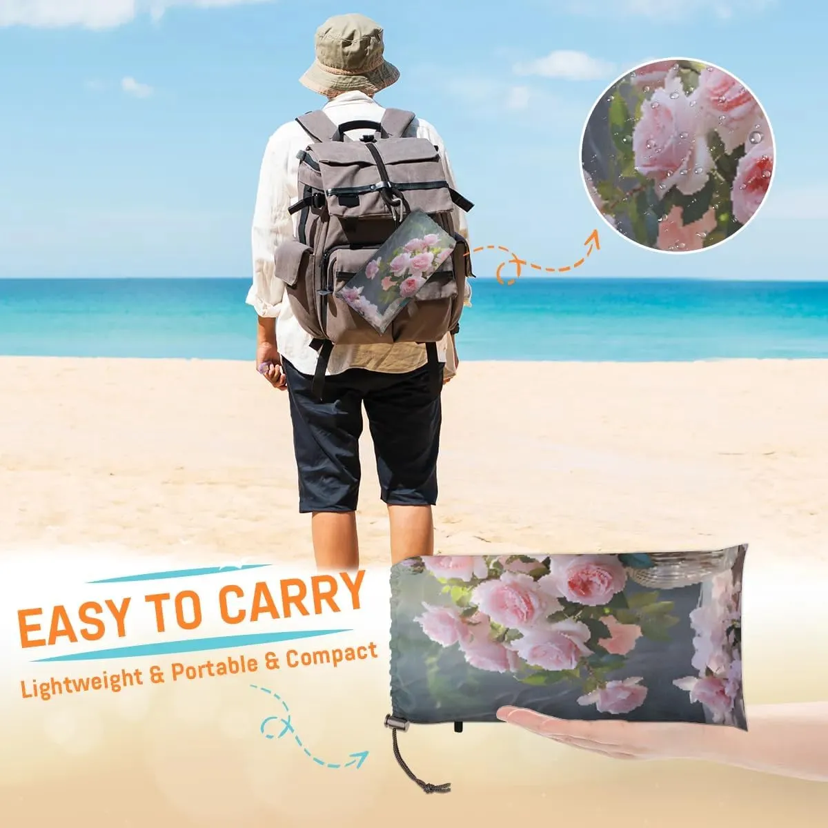 Beach Blanket, Valentines Sandproof Beach Mat, Waterproof Quick Drying Sand Free Mat with 4 x Ground Spikes for Outdoor Travel Camping Hiking, Rose Vase 68 x 59 in
