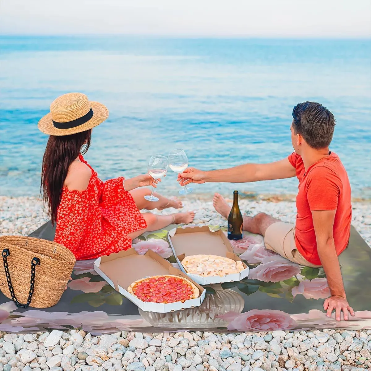 Beach Blanket, Valentines Sandproof Beach Mat, Waterproof Quick Drying Sand Free Mat with 4 x Ground Spikes for Outdoor Travel Camping Hiking, Rose Vase 68 x 59 in