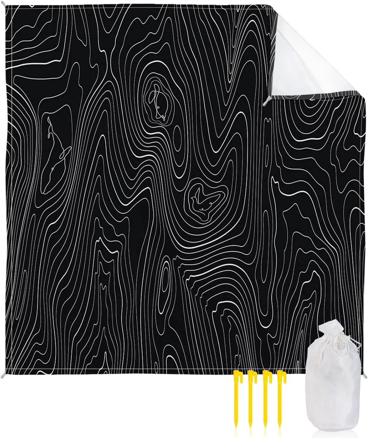 Beach Blanket Waterproof Sandproof 118”x108”, Abstract Black Mountain Range Stripes Oversized Beach Mat with 4 Corner Sand Pocket & 4 Stakes, Outdoor Picnic Mat for Camping Travel