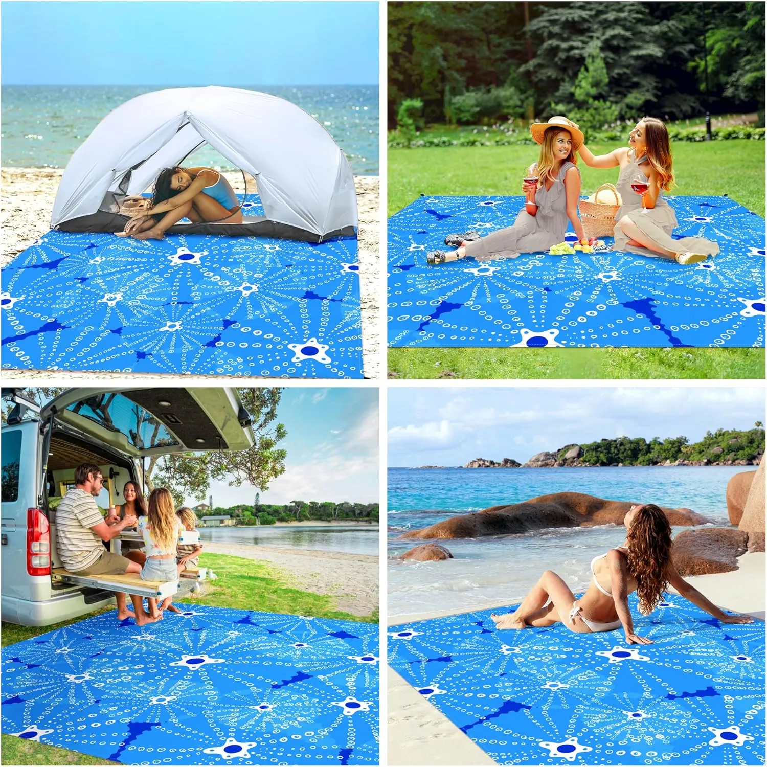 Beach Blanket Waterproof Sandproof, 9 Ft X 10 Ft Extra Large Sand Free Beach Mat, Big Compact Lightweight Quick Drying Picnic Blanket with 4 Stakes & Pockets for Camping, Travel, Hiking