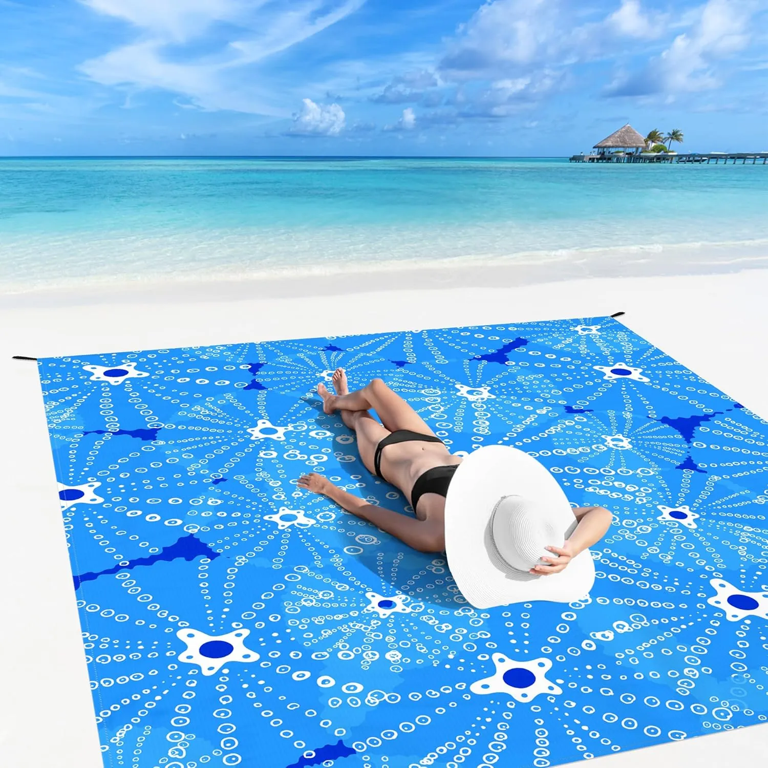 Beach Blanket Waterproof Sandproof, 9 Ft X 10 Ft Extra Large Sand Free Beach Mat, Big Compact Lightweight Quick Drying Picnic Blanket with 4 Stakes & Pockets for Camping, Travel, Hiking