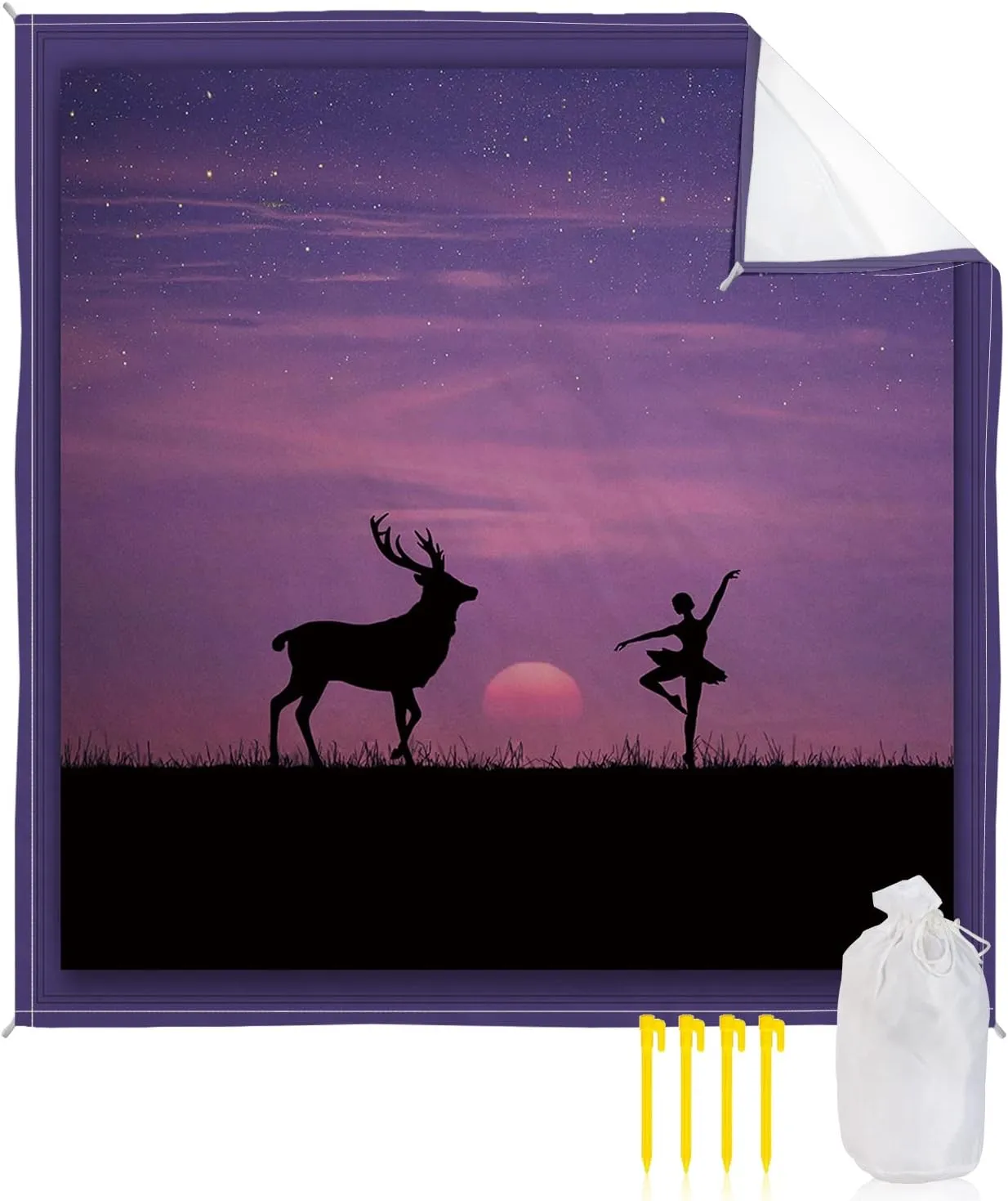 Beach Blanket Waterproof Sandproof 95”x80”, Purple Starry Sky Deer and Ballerina Prairie Silhouette Oversized Beach Mat with 4 Corner Sand Pocket & 4 Stakes, Outdoor Picnic Mat for Camping Travel