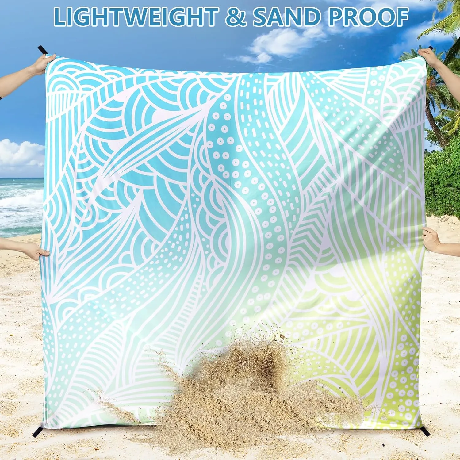 Beach Blanket Waterproof Sandproof Beach Mat for 1-8 Adults Quick Drying Durable Outdoor Picnic Mat for Beach Festival Travel Camping Hiking (Gradiant BL&GN-Ripple, 120"×108"(8 Person))